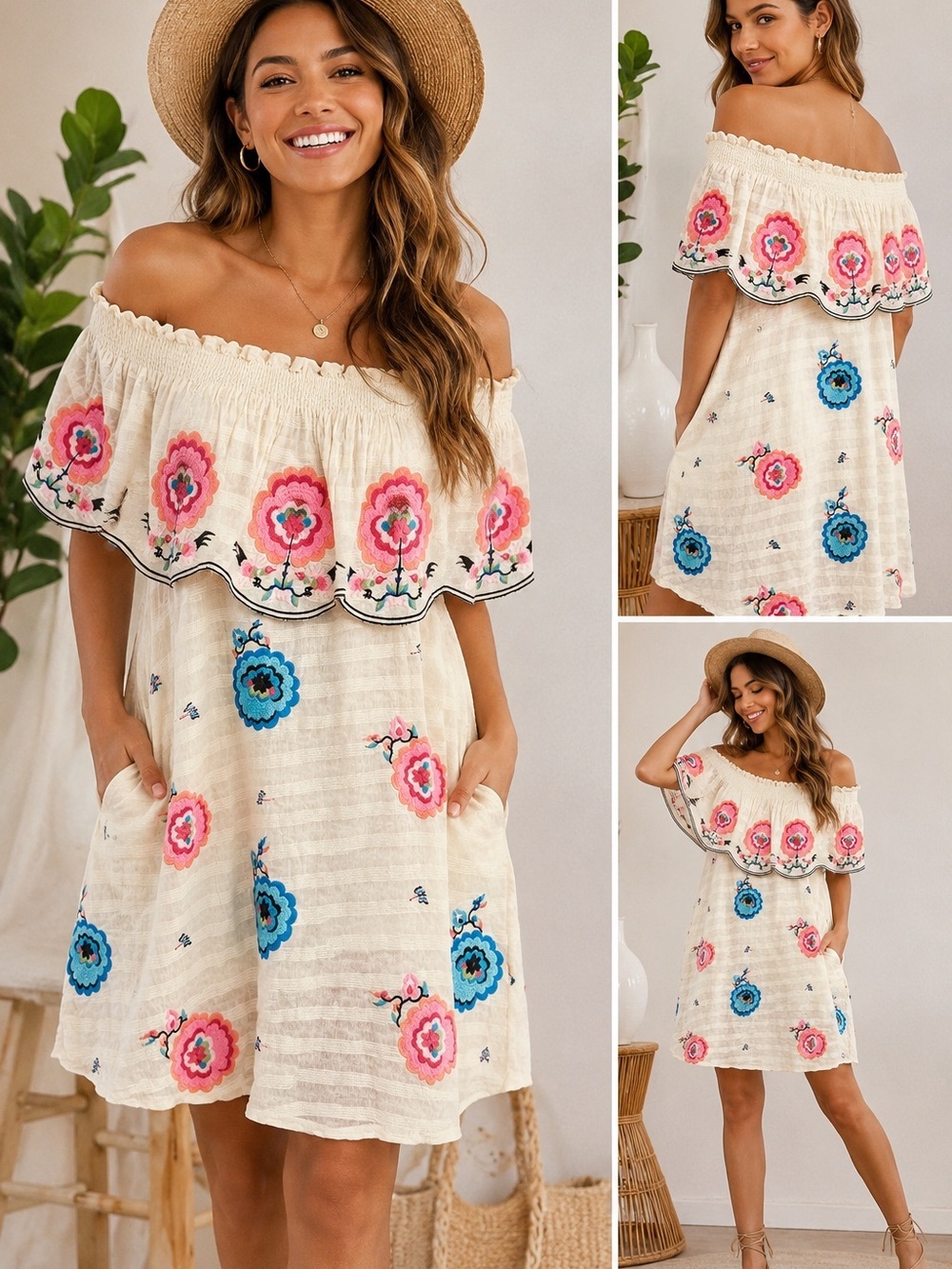 Plenty by Tracy Reese Off Shoulder Embroidered Floral Boho Dress w Pockets XSP